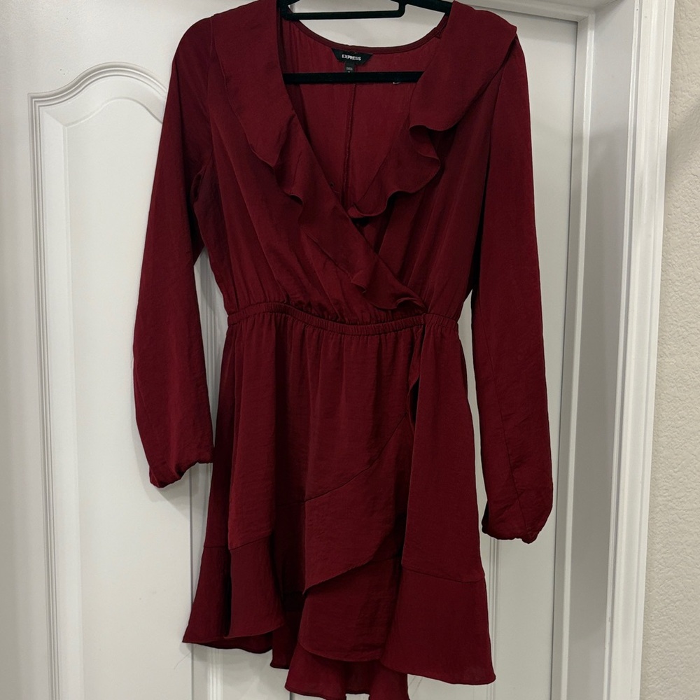 Express Long Sleeves Deep Red Ruffle Mini Wrap Dress